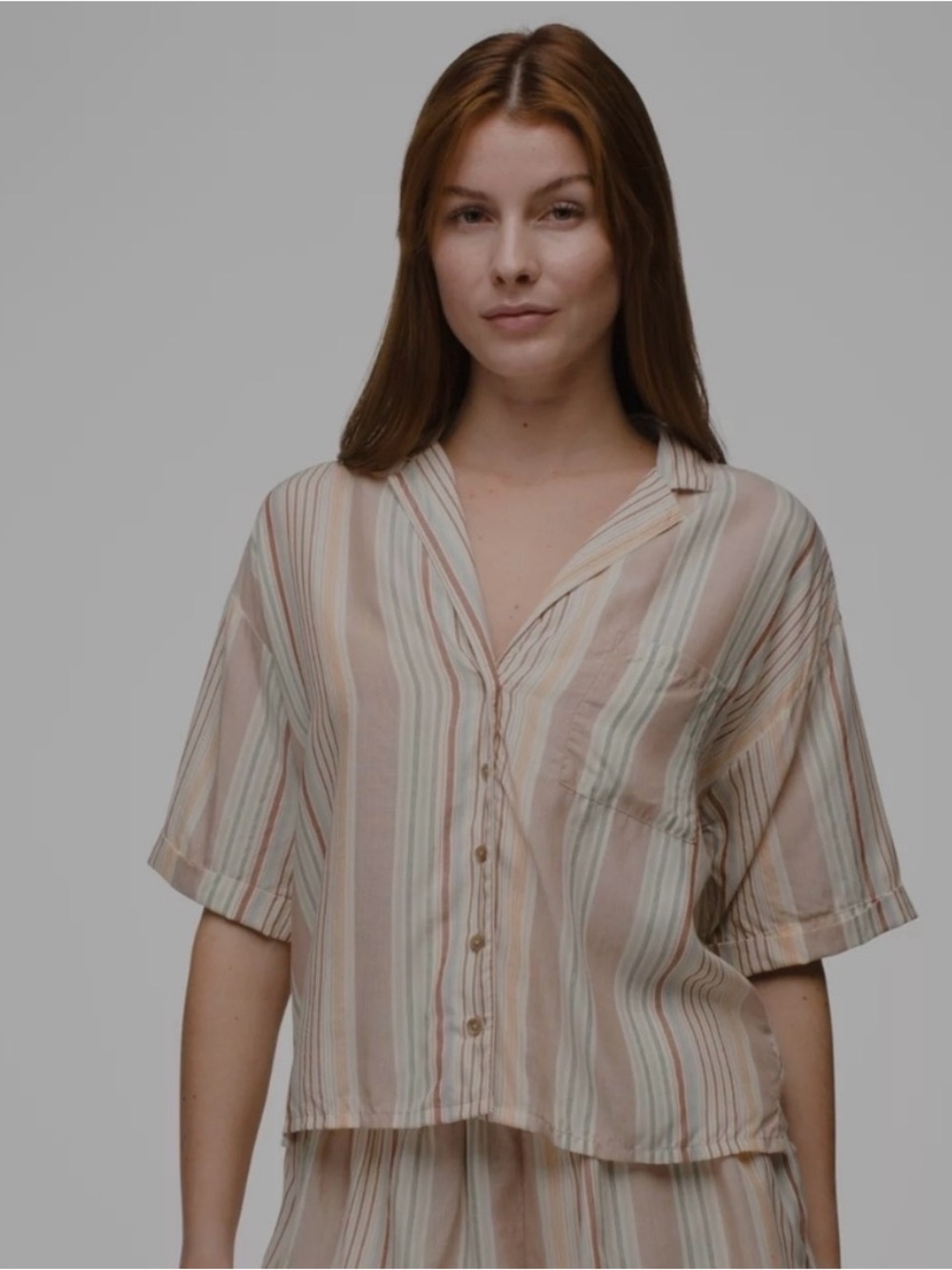 prAna Iguala Women’s Short Sleeve Stripe Camp Shirt in Dusty Rose